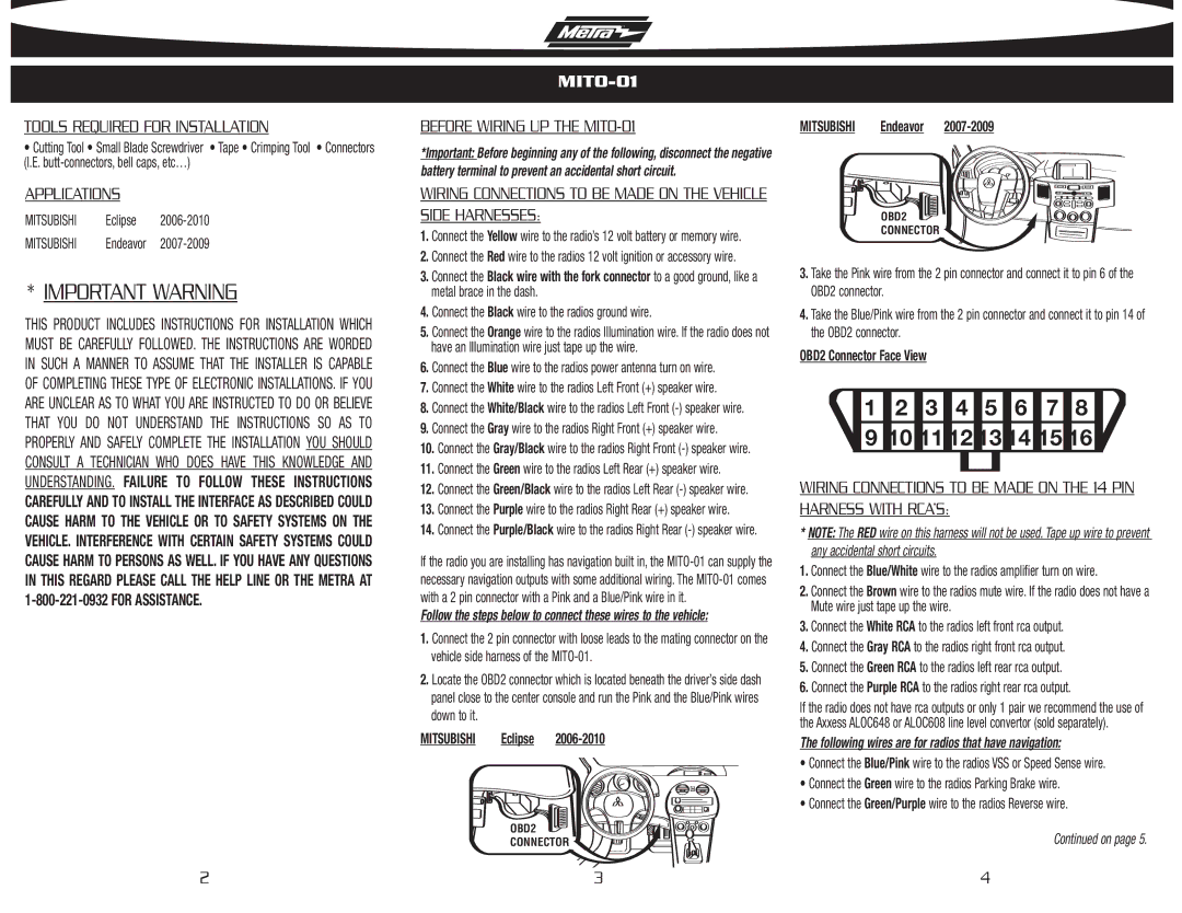 Metra Electronics installation instructions Tools Required for Installation, Applications, Before Wiring UP the MITO-01 