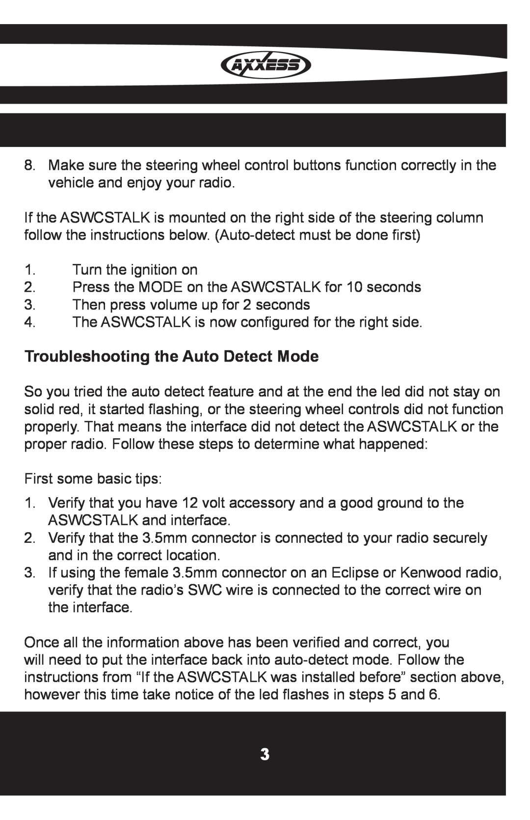 Metra Electronics OESWC-6502-STK installation instructions Troubleshooting the Auto Detect Mode 