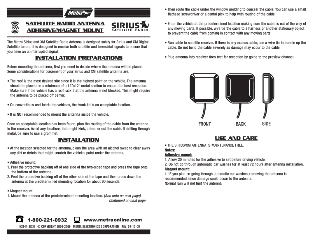 Metra Electronics manual Satellite Radio Antenna ADHESIVE/MAGNET Mount, Installation Preparations, USE and Care 