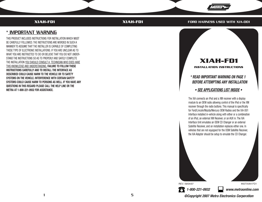 Metra Electronics XIAH-FD1 installation instructions Important Warning 