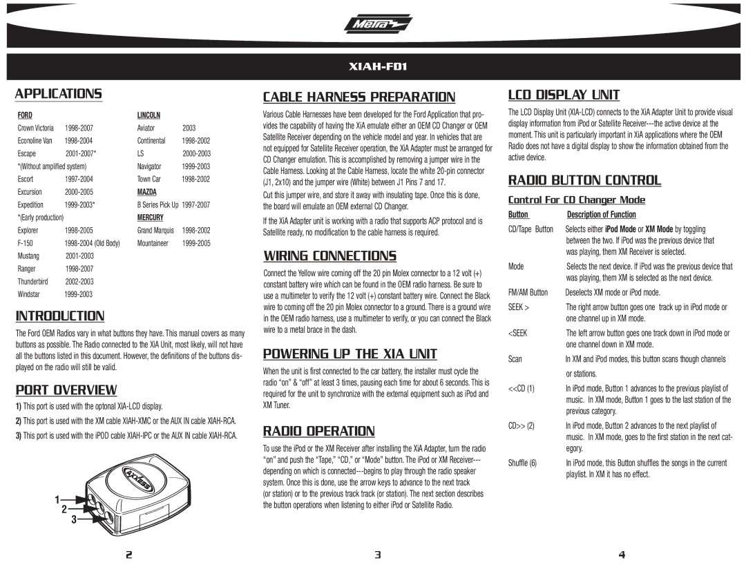 Metra Electronics XIAH-FD1 Applications, Introduction, Port Overview, Cable Harness Preparation, Wiring Connections 