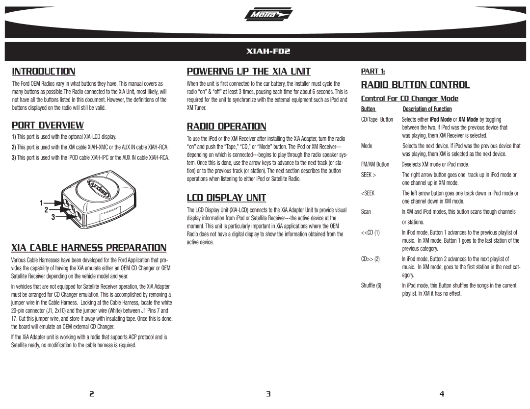 Metra Electronics XIAH-FD2 Introduction, Port Overview, Powering UP the XIA Unit, Radio Operation, LCD Display Unit 