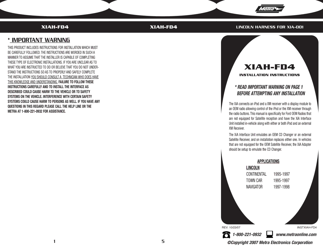 Metra Electronics XIAH-FD4 installation instructions Important Warning, 1995-1997, 1997-1998 