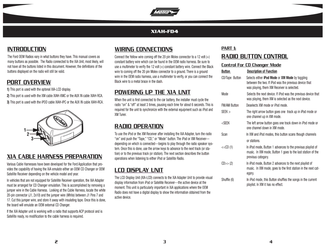 Metra Electronics XIAH-FD4 Introduction, Port Overview, Wiring Connections, Powering UP the XIA Unit, Radio Operation 