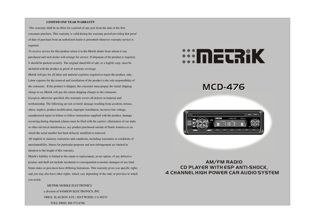 Metrik Mobile Electronics MCD-476 warranty 