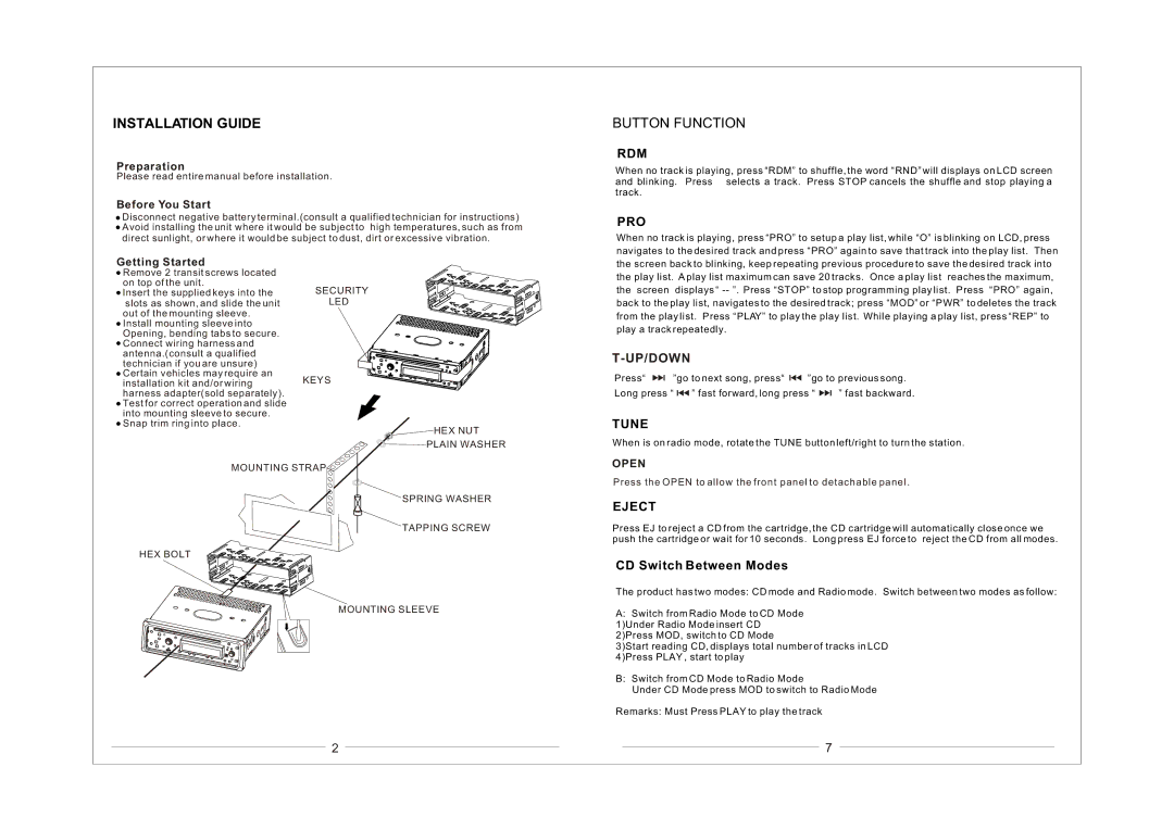 Metrik Mobile Electronics MCD-476 warranty Installation Guide, Up/Down 