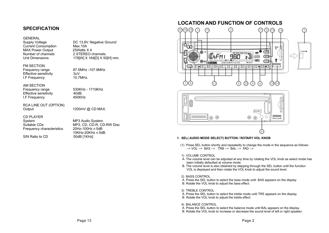 Metrik Mobile Electronics MCD-797 warranty Location and Function of Controls, Specification 