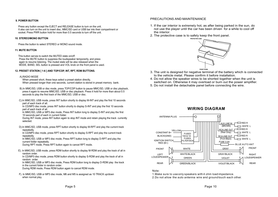 Metrik Mobile Electronics MCD-797 warranty Wiring Diagram, Precautions and Maintenance 