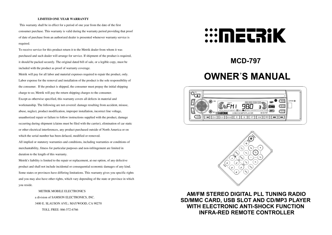 Metrik Mobile Electronics MCD-797 warranty Limited One Year Warranty 