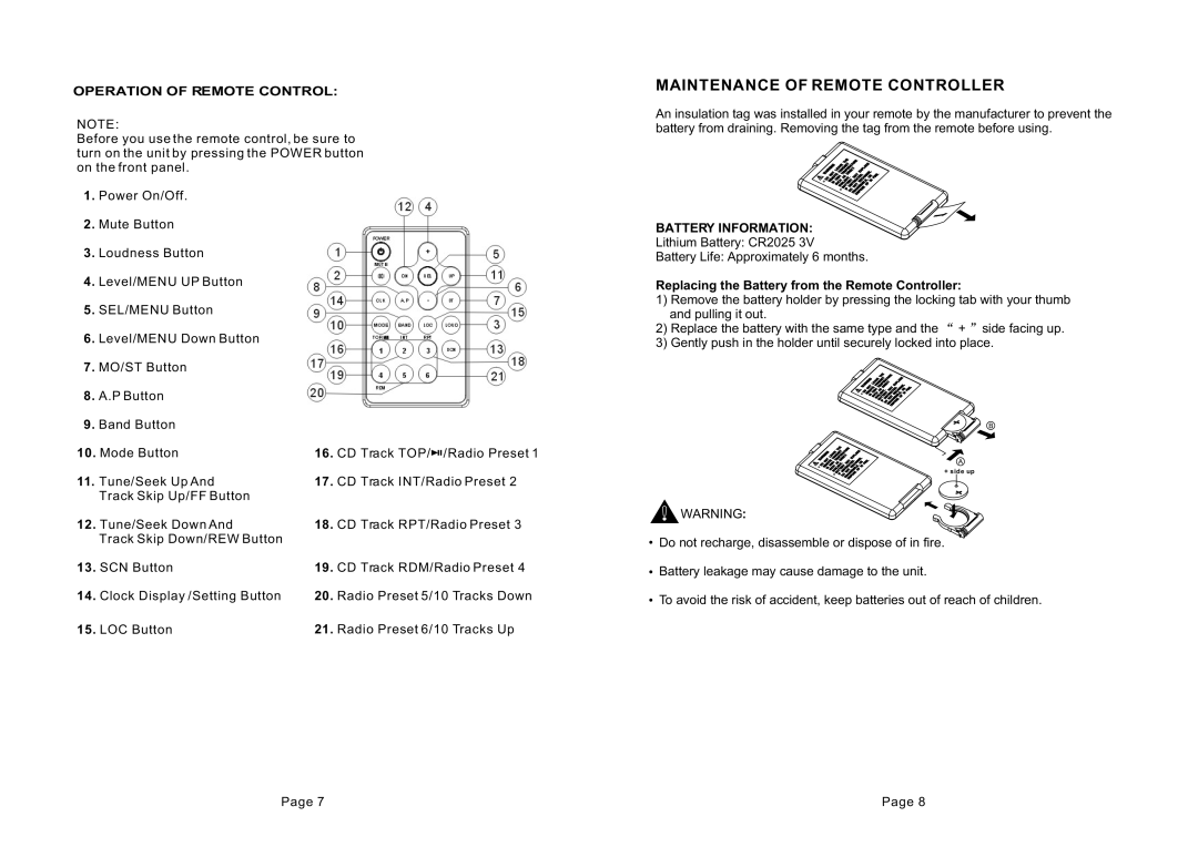 Metrik Mobile Electronics MCD-797 warranty Maintenance Of Remote Controller 