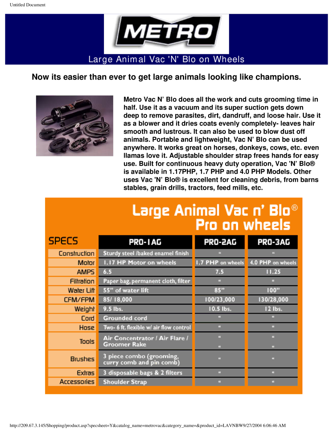 Metro DataVac PRO-1AG, PRO-3AG, PRO-2AG manual Large Animal Vac N Blo on Wheels 