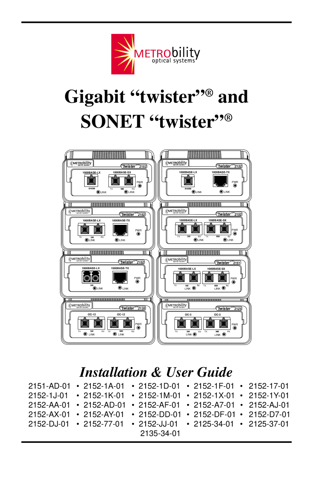 METRObility Optical Systems 2152-77-01, 2152-AY-01, 2152-AF-01, 2152-AD-01 manual Gigabit twister and Sonet twister 