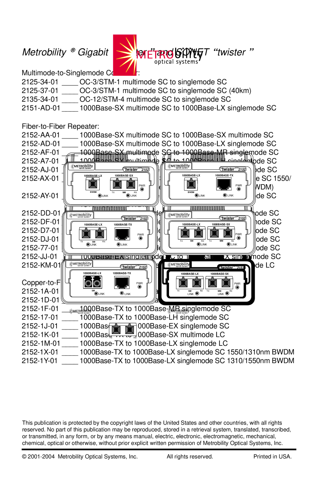 METRObility Optical Systems 2152-AF-01, 2152-AY-01, 2152-77-01, 2152-AD-01 Metrobility Gigabit twister and Sonet twister 