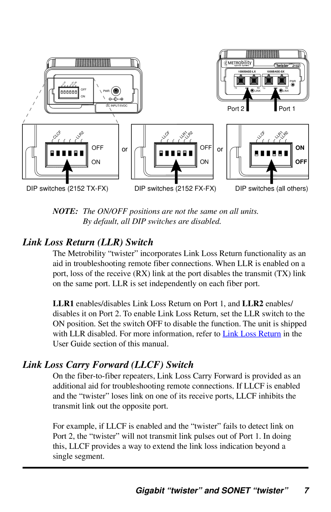 METRObility Optical Systems 2152-DJ-01, 2152-AY-01 manual Link Loss Return LLR Switch, Link Loss Carry Forward Llcf Switch 