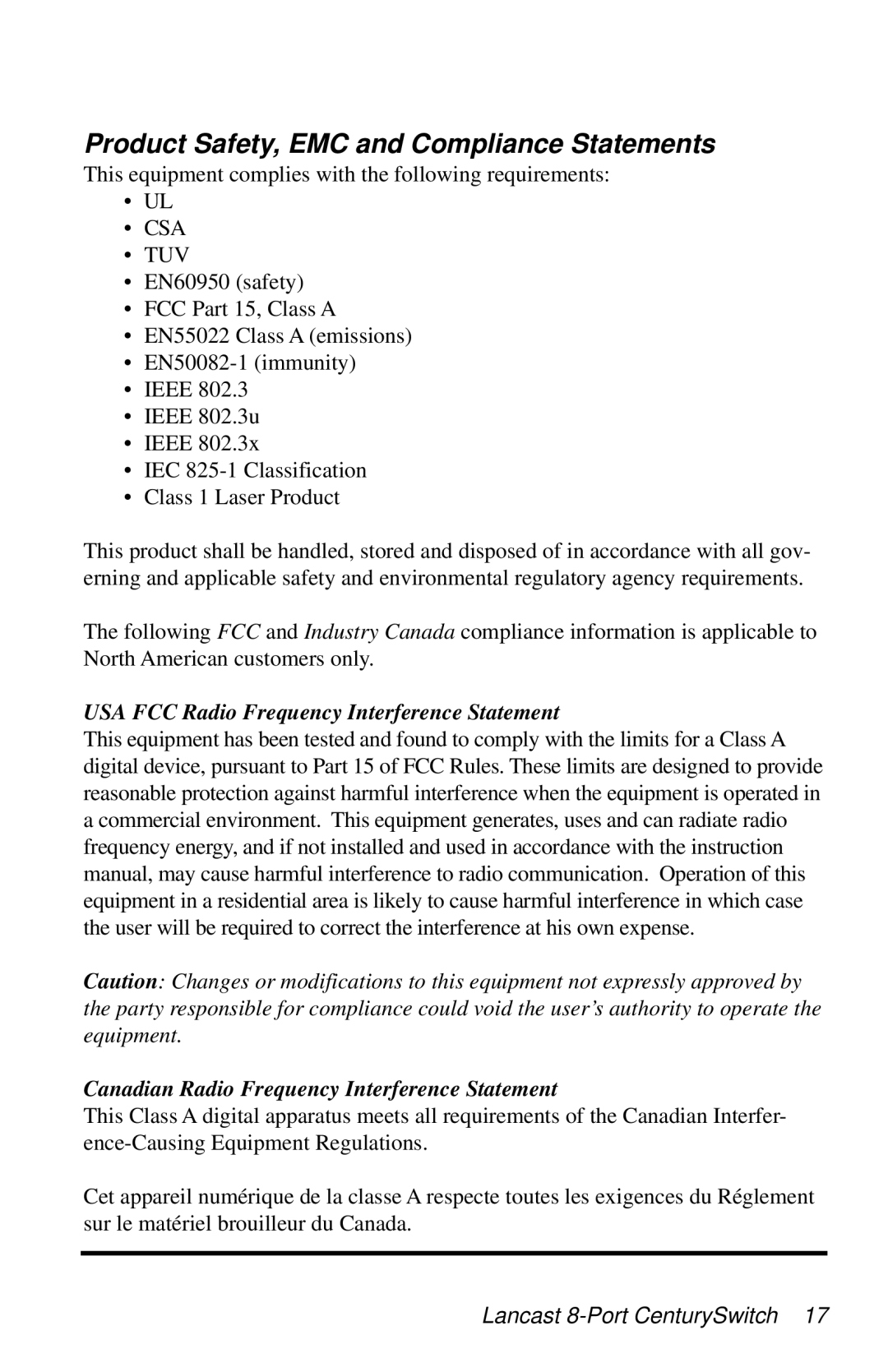 METRObility Optical Systems 3508-11 manual Product Safety, EMC and Compliance Statements, Csa Tuv 