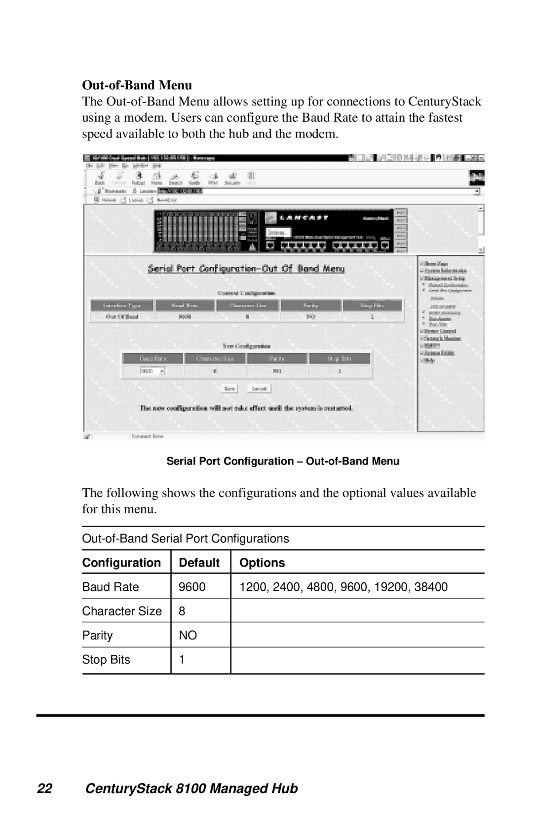 METRObility Optical Systems 8100 manual Out-of-Band Menu, Configuration Default Options 