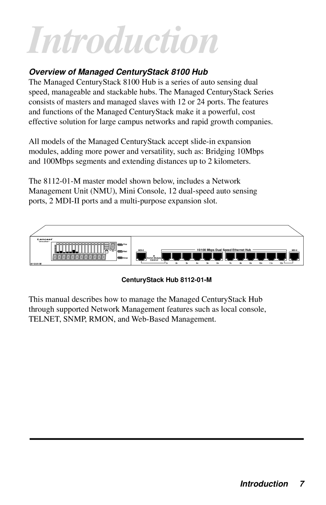 METRObility Optical Systems manual Overview of Managed CenturyStack 8100 Hub, Introduction 