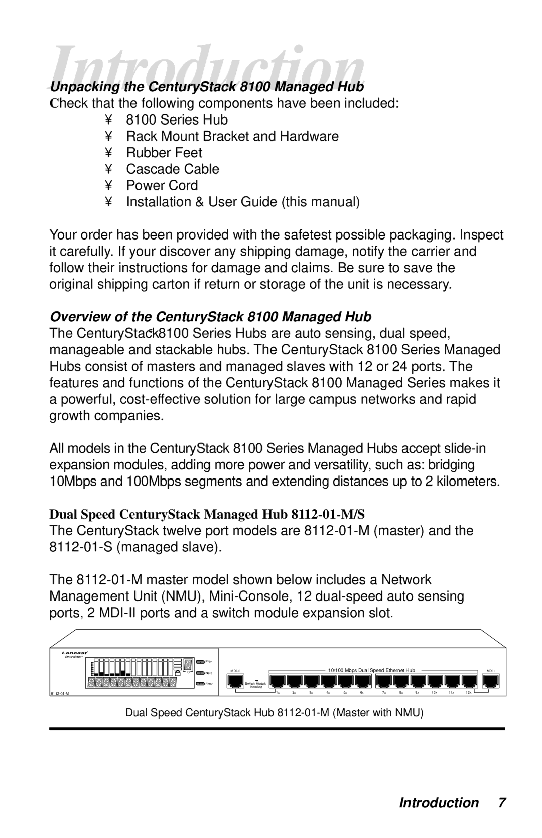 METRObility Optical Systems 8124-01-M manual Overview of the CenturyStack 8100 Managed Hub, Introduction 