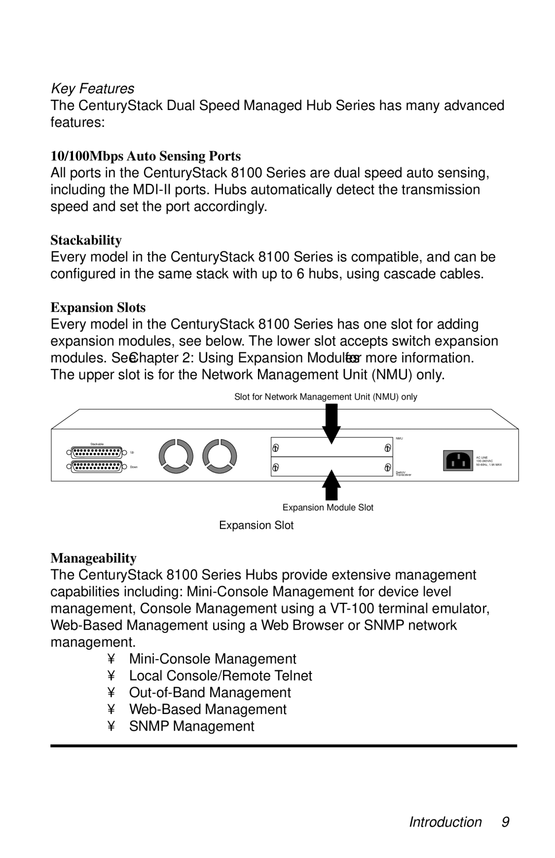 METRObility Optical Systems 8124-01-M manual Key Features, 10/100Mbps Auto Sensing Ports, Stackability, Expansion Slots 