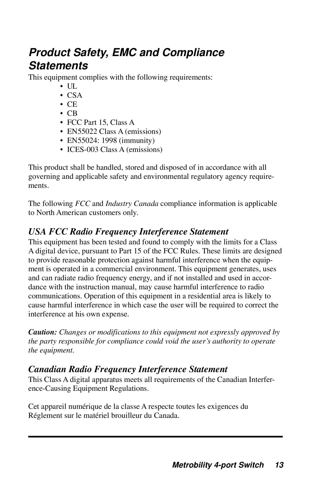 METRObility Optical Systems R104-11 manual Product Safety, EMC and Compliance Statements, Csa 