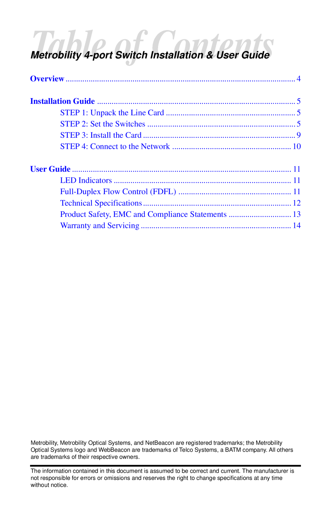 METRObility Optical Systems R104-11 manual Table of Contents 