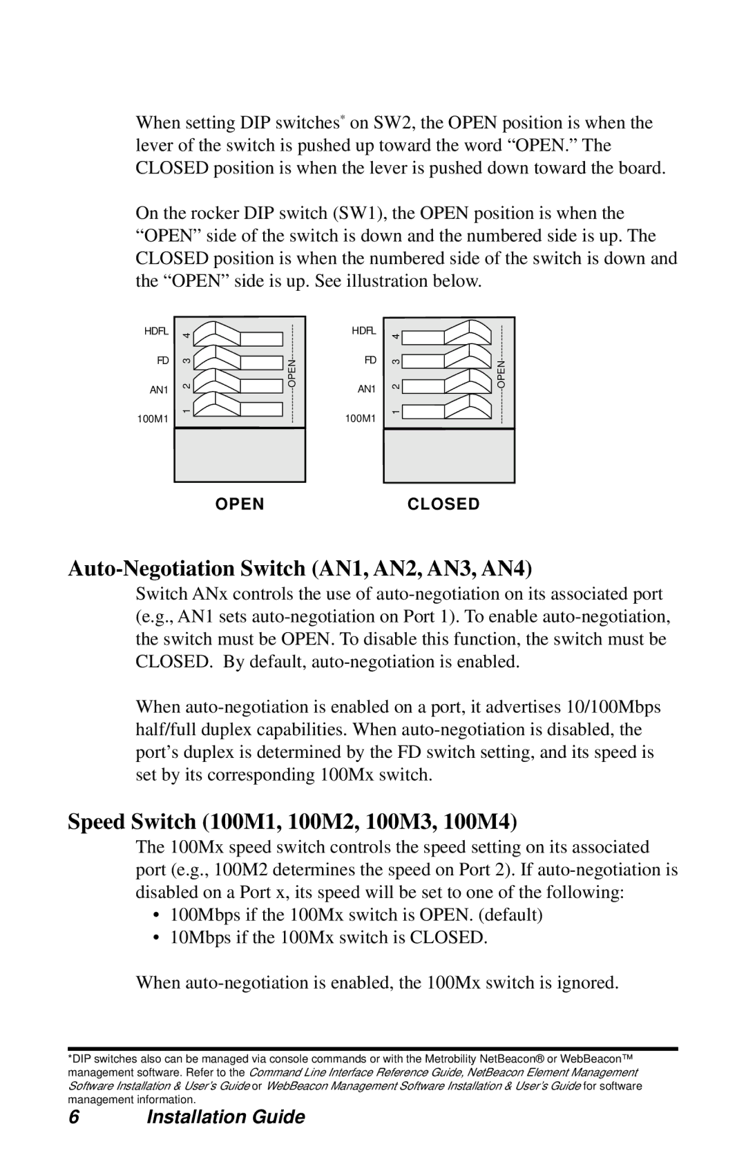 METRObility Optical Systems R104-11 manual Auto-Negotiation Switch AN1, AN2, AN3, AN4 