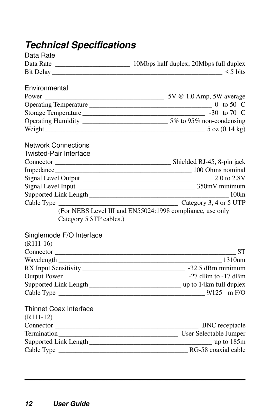 METRObility Optical Systems R111-18, R111-15, R111-12, R111-16, R111-13, R111-1T manual Technical Specifications, Environmental 