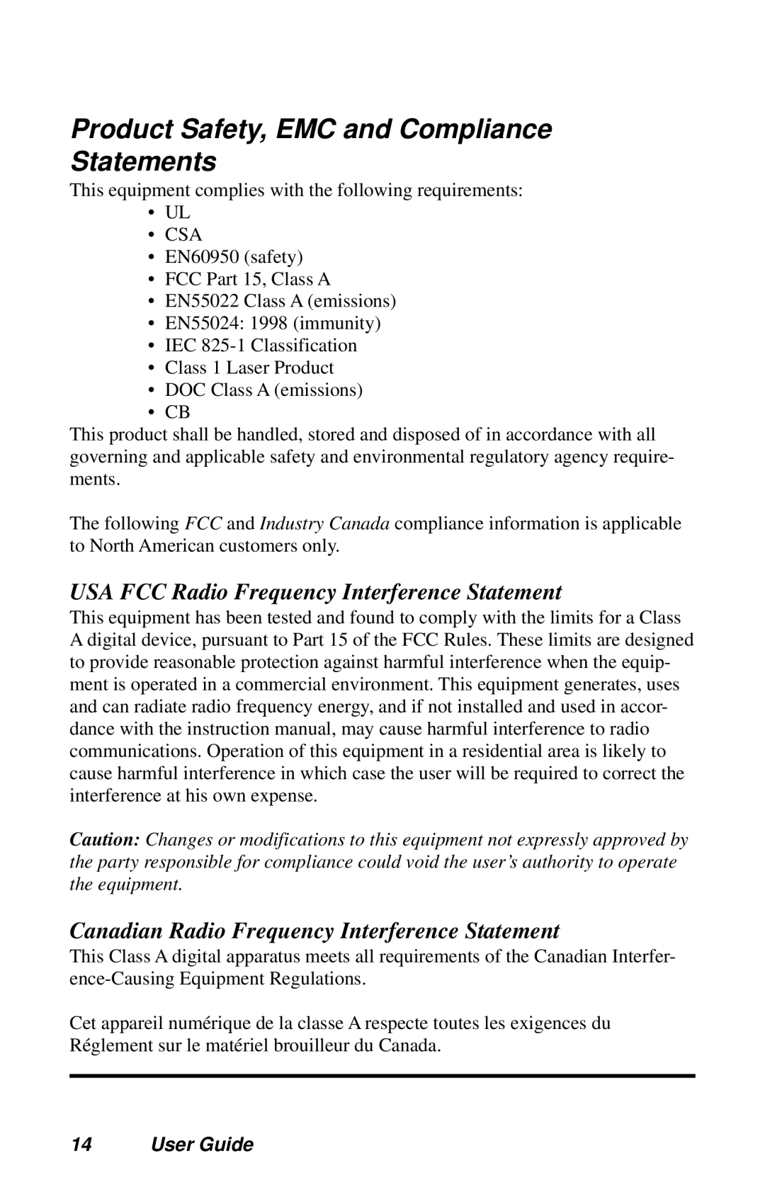 METRObility Optical Systems R111-12, R111-18, R111-15, R111-16, R111-13 Product Safety, EMC and Compliance Statements, Csa 