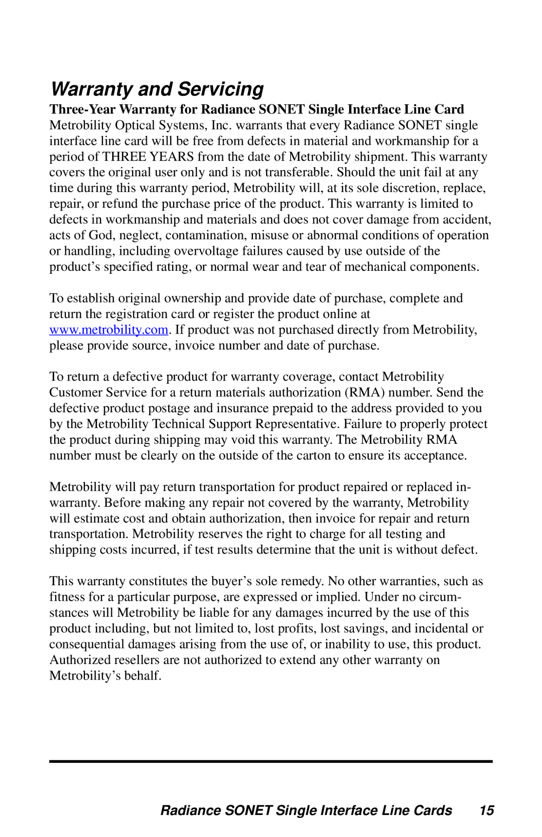 METRObility Optical Systems R135-34, R125-34, R125-37 manual Warranty and Servicing 