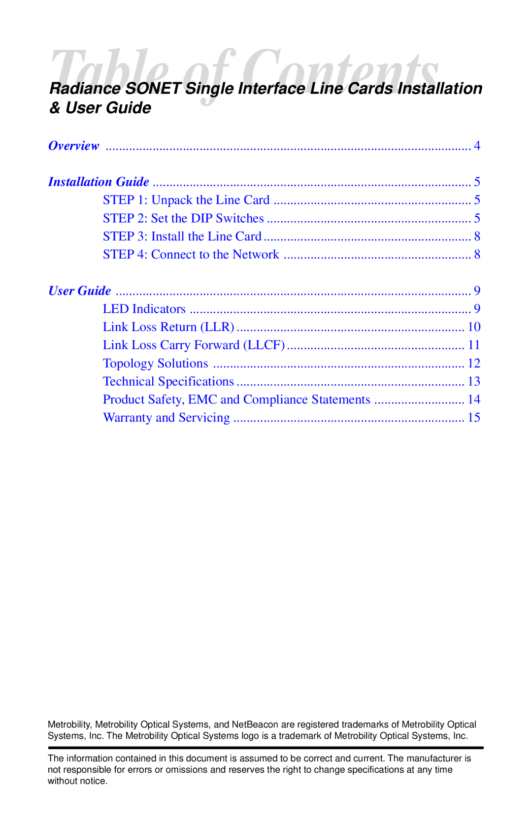 METRObility Optical Systems R135-34, R125-34, R125-37 manual 