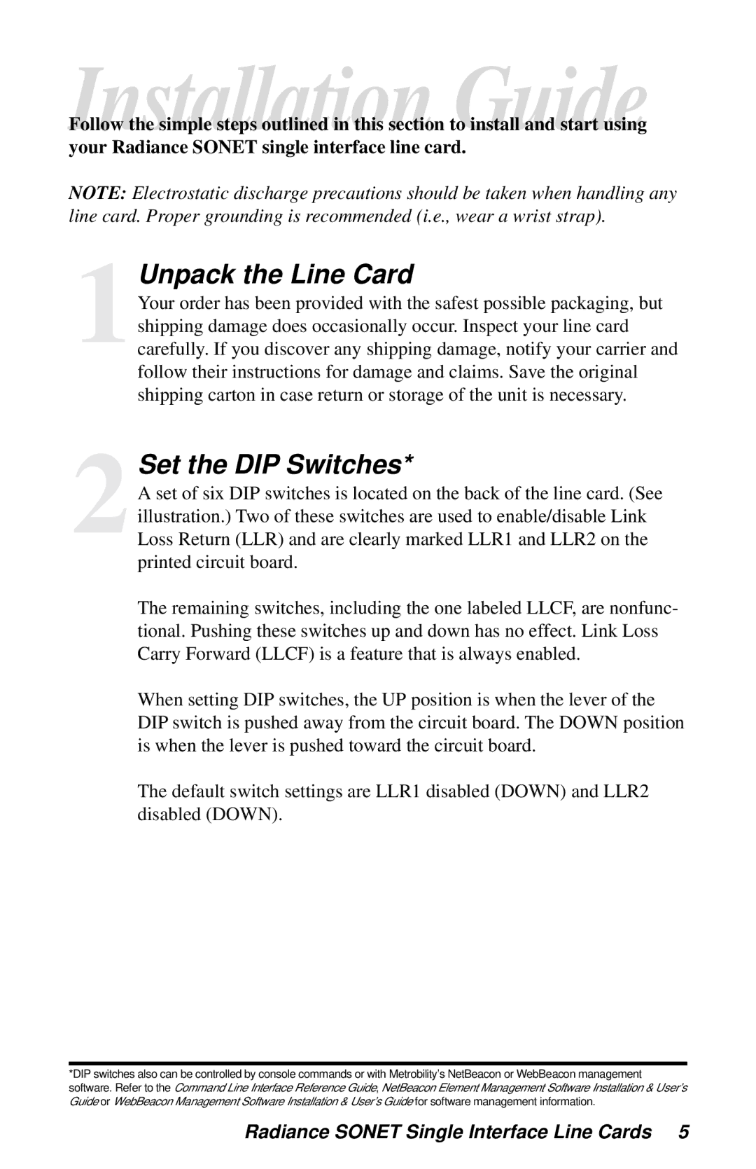 METRObility Optical Systems R125-37, R135-34, R125-34 manual 1Unpack the Line Card, 2Set the DIP Switches 