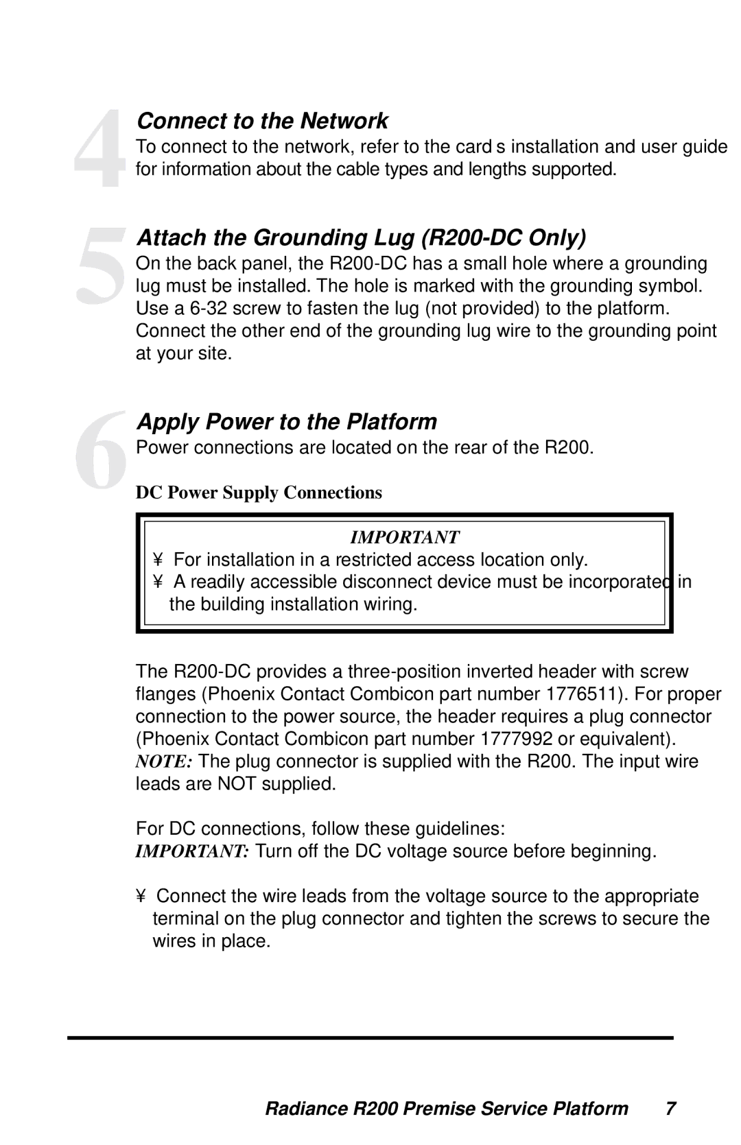 METRObility Optical Systems manual 4Connect to the Network, 5Attach the Grounding Lug R200-DC Only 