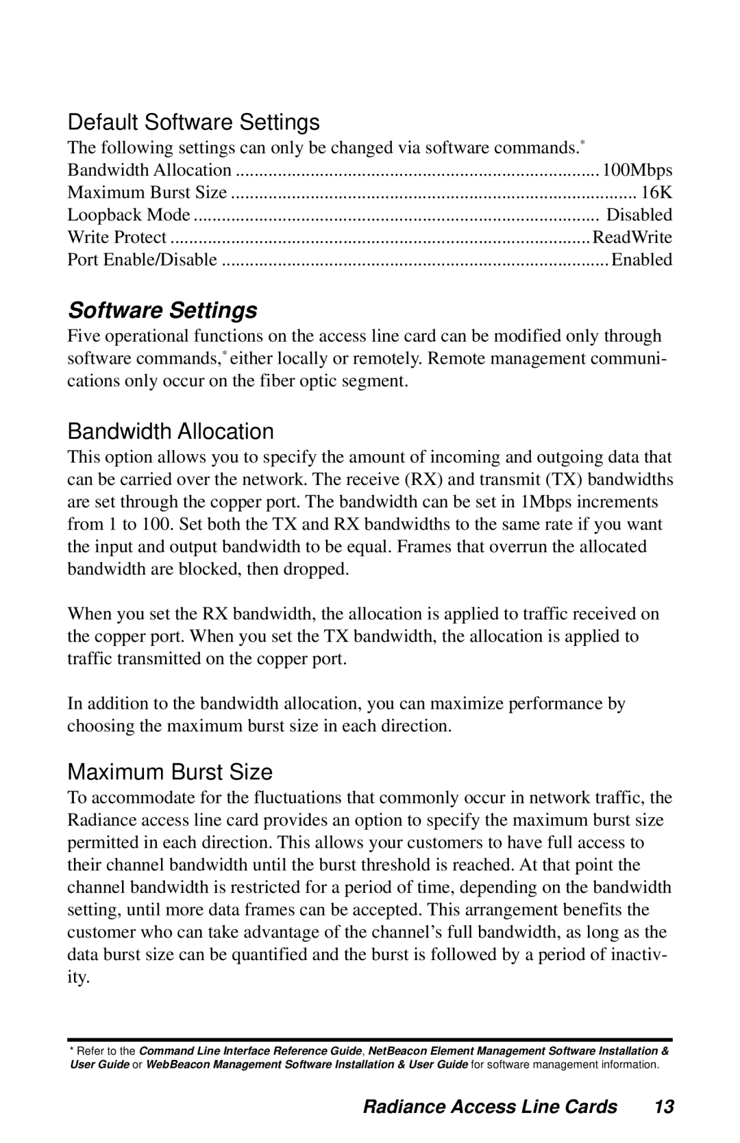 METRObility Optical Systems R231-17, R231-61, R231-14 Default Software Settings, Bandwidth Allocation, Maximum Burst Size 