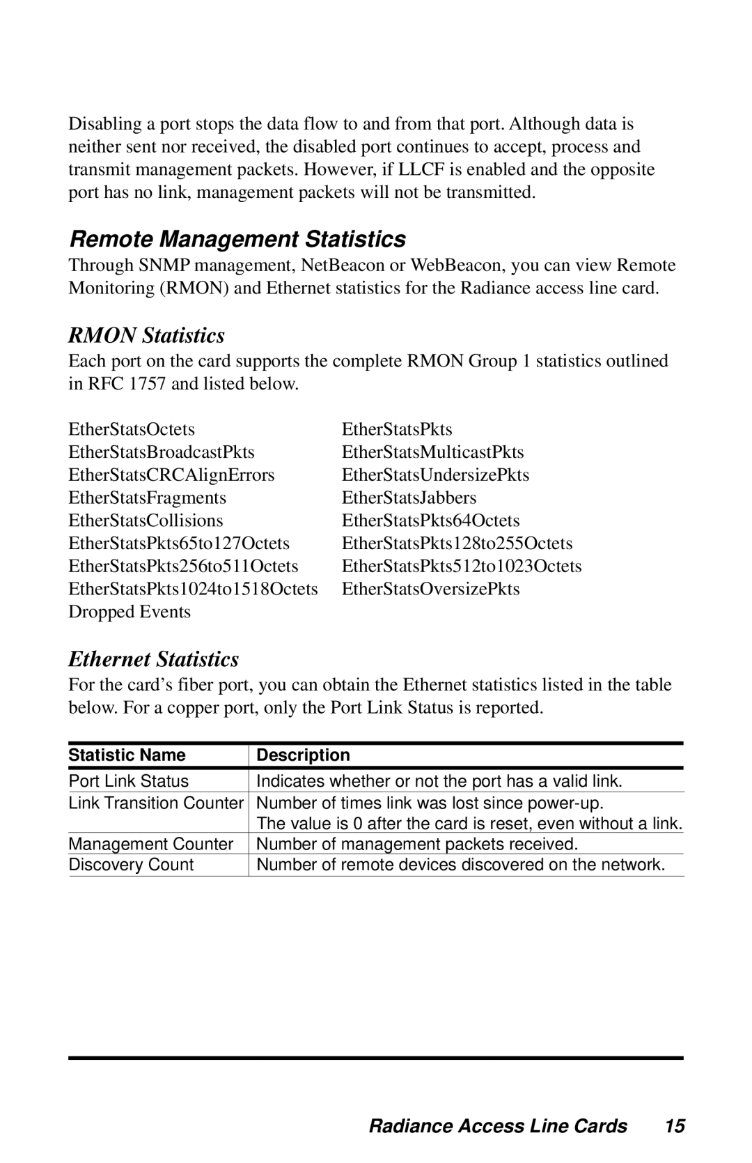 METRObility Optical Systems R231-49, R231-61, R231-14 Remote Management Statistics, Rmon Statistics, Ethernet Statistics 