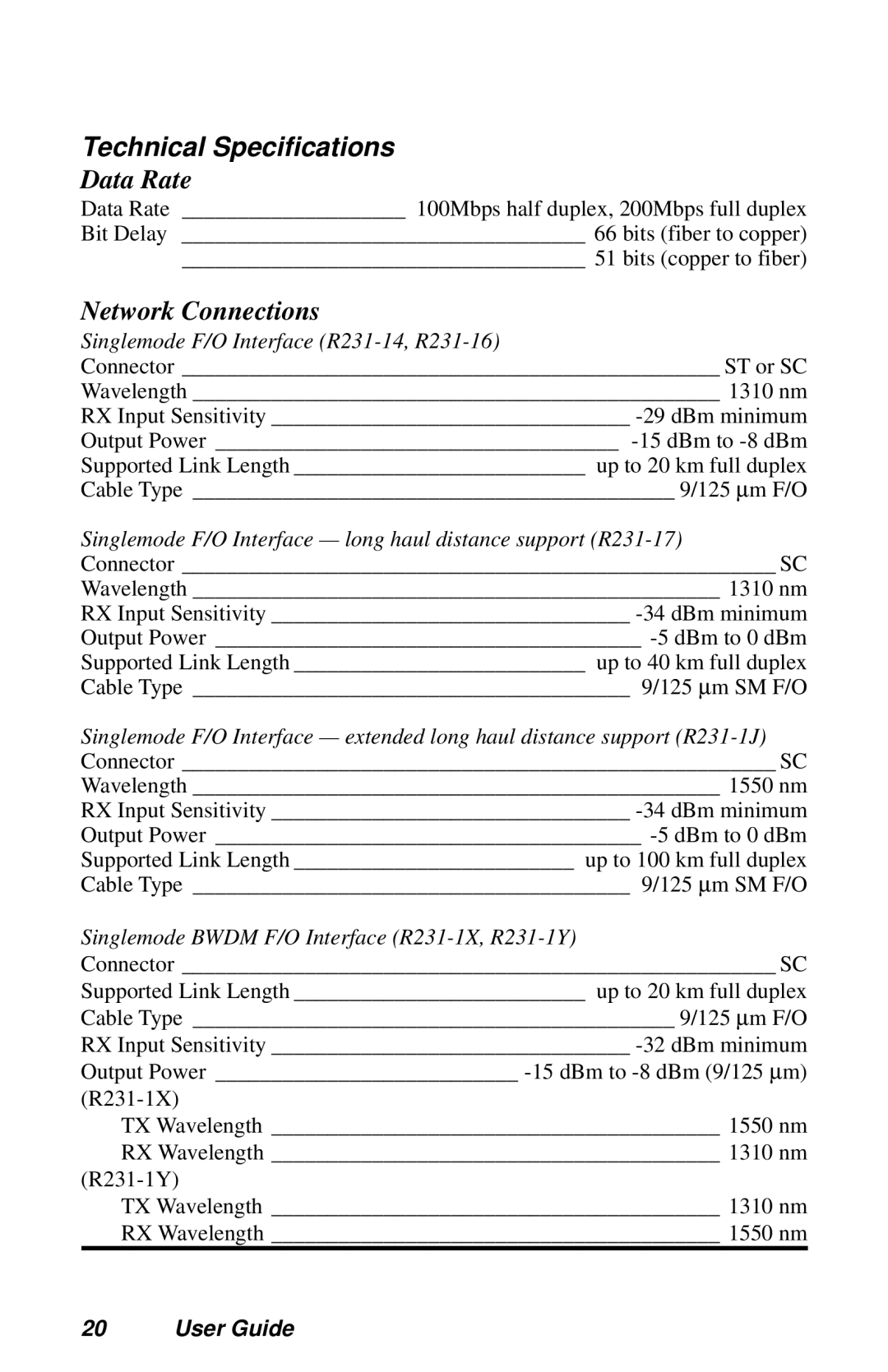 METRObility Optical Systems R231-55, R231-61, R231-14, R231-47 manual Technical Specifications, Data Rate, Network Connections 