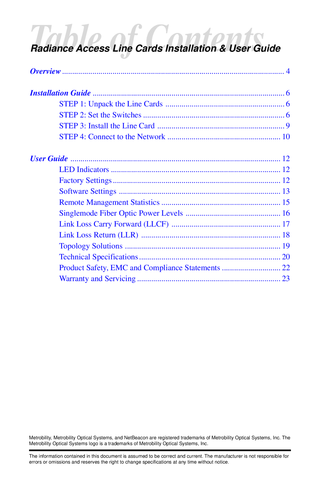 METRObility Optical Systems R231-59, R231-61, R231-14, R231-47, R231-55, R231-51, R231-1J, R231-57, R231-53, R231-1X manual Overview 