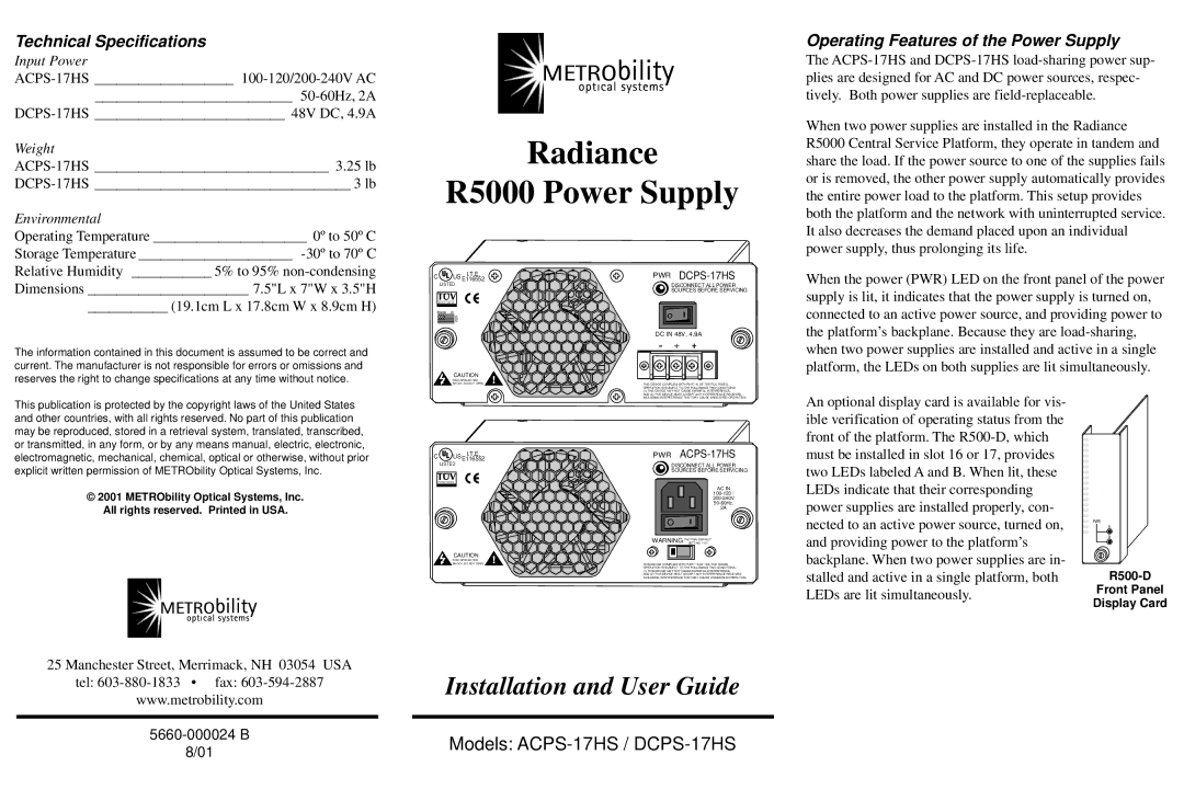 METRObility Optical Systems ACPS-17HS, R5000, DCPS-17HS technical specifications Technical Specifications 