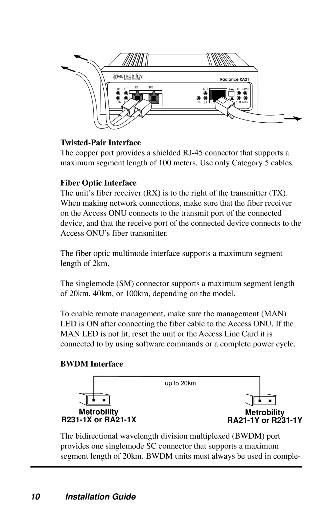 METRObility Optical Systems RADIANCE 10/100MBPS ACCESS OPTICAL NETWORK UNIT manual Twisted-Pair Interface 