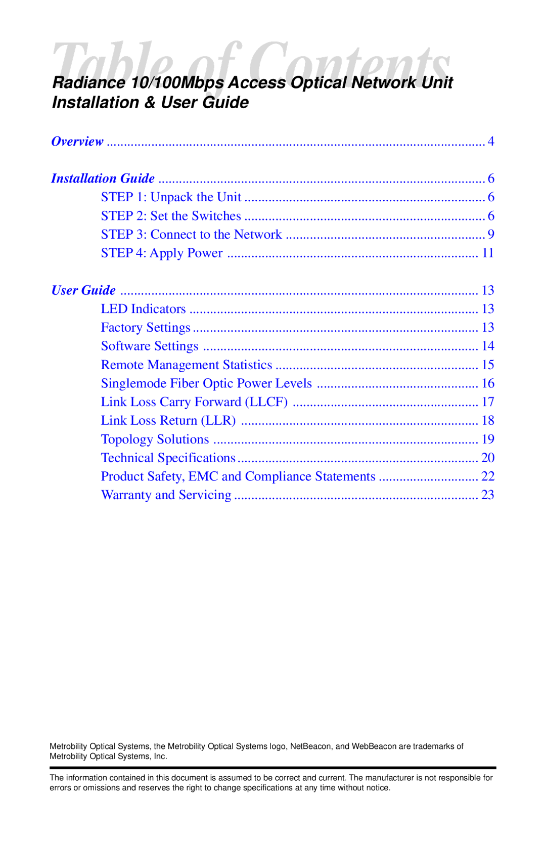 METRObility Optical Systems RADIANCE 10/100MBPS ACCESS OPTICAL NETWORK UNIT manual Installation & User Guide 