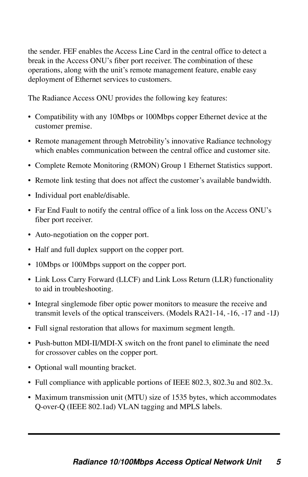 METRObility Optical Systems RADIANCE 10/100MBPS ACCESS OPTICAL NETWORK UNIT manual 