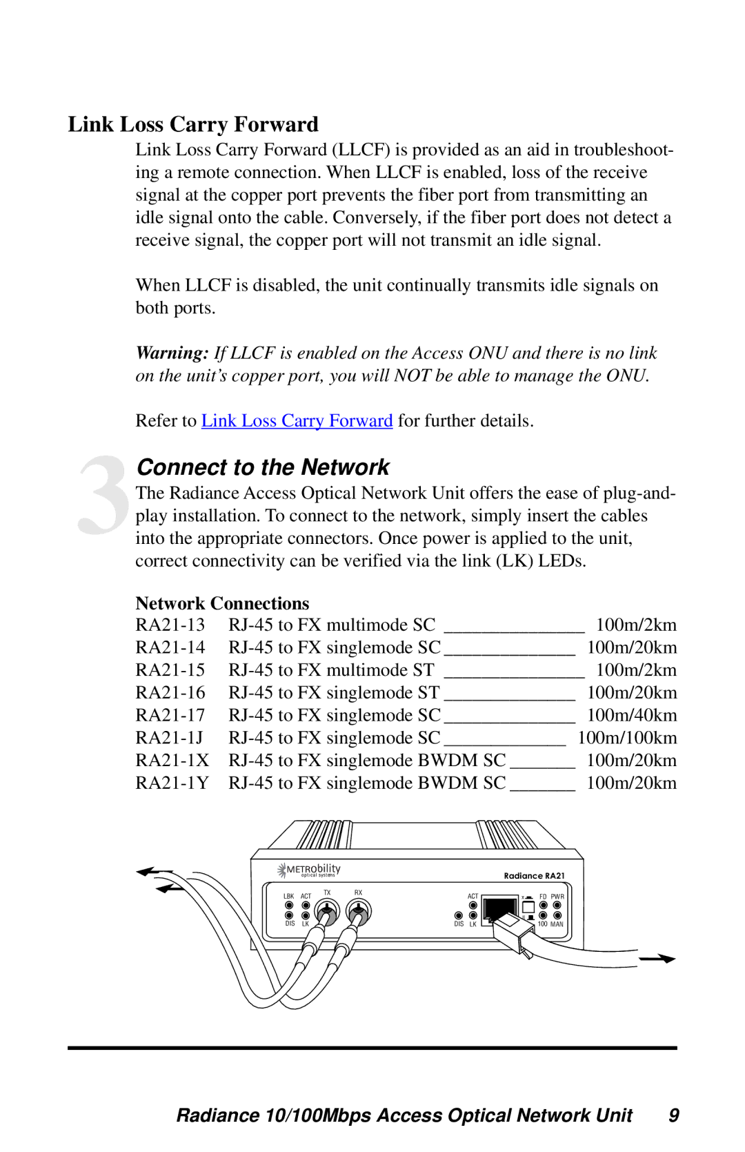 METRObility Optical Systems RADIANCE 10/100MBPS ACCESS OPTICAL NETWORK UNIT manual Link Loss Carry Forward 