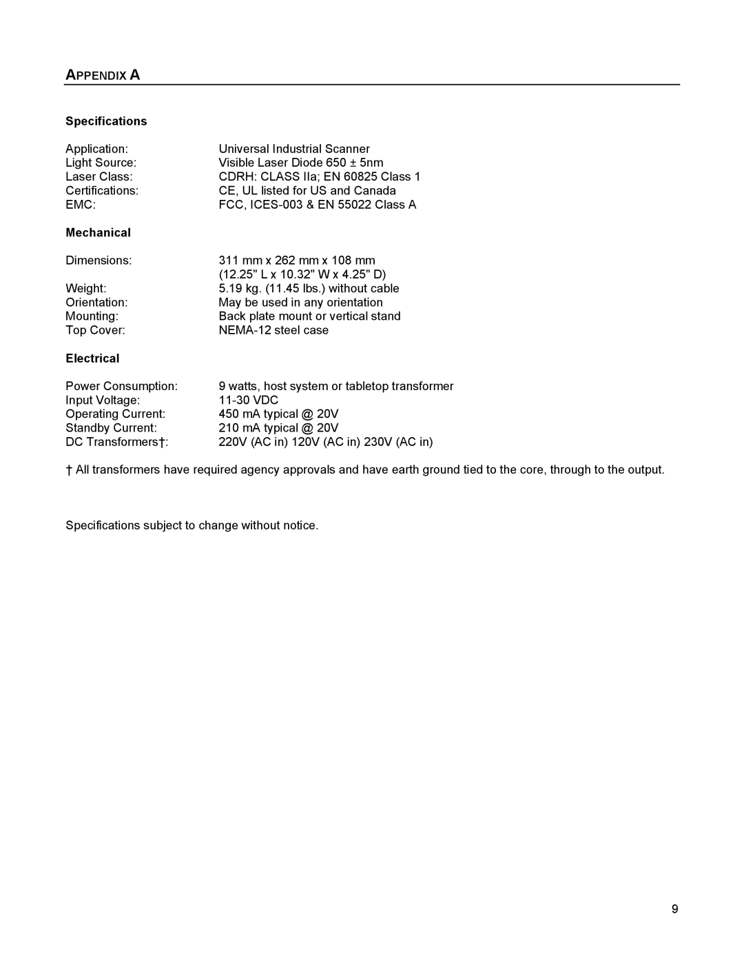 Metrologic Instruments TECH 10, 1070 manual Appendix a, Specifications, Mechanical, Electrical 