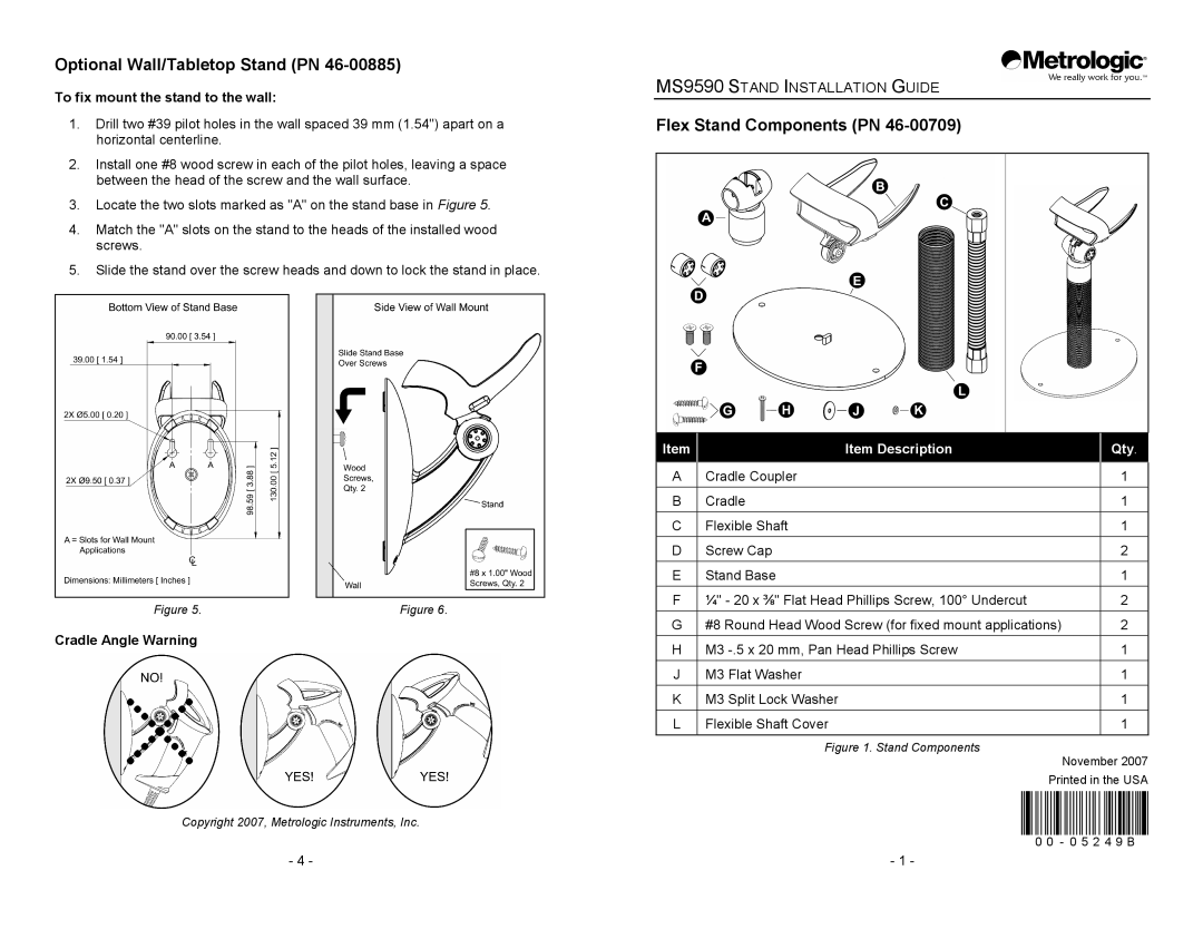 Metrologic Instruments 46-00885 manual Optional Wall/Tabletop Stand PN, Flex Stand Components PN, Cradle Angle Warning 