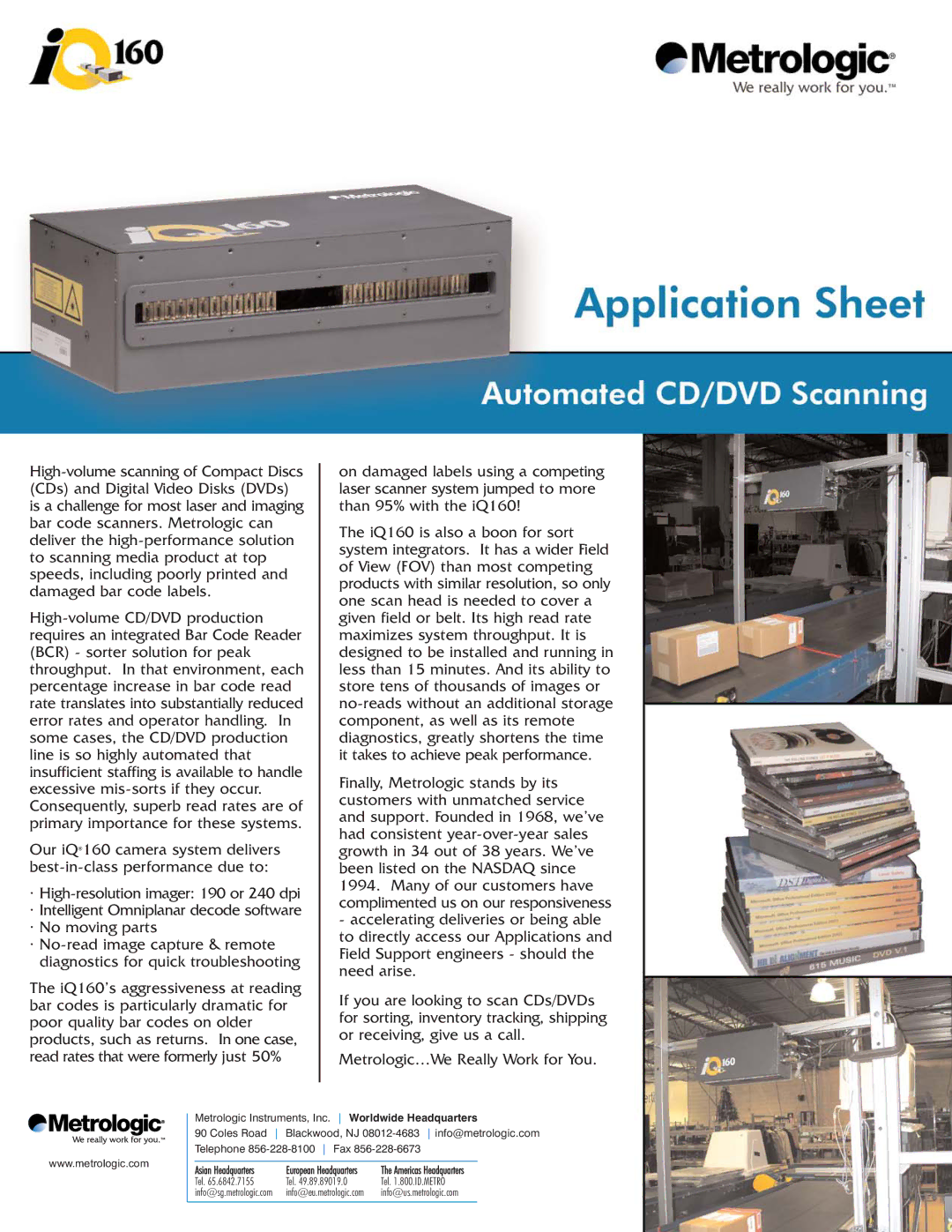 Metrologic Instruments iQ160 manual Metrologic Instruments, Inc. Worldwide Headquarters 