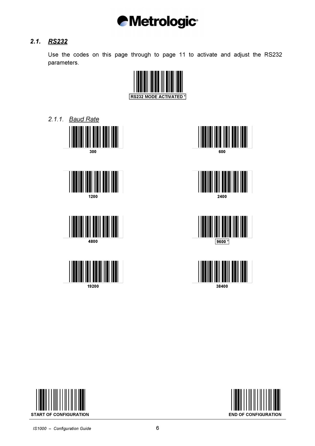 Metrologic Instruments IS1000 manual RS232, Baud Rate 