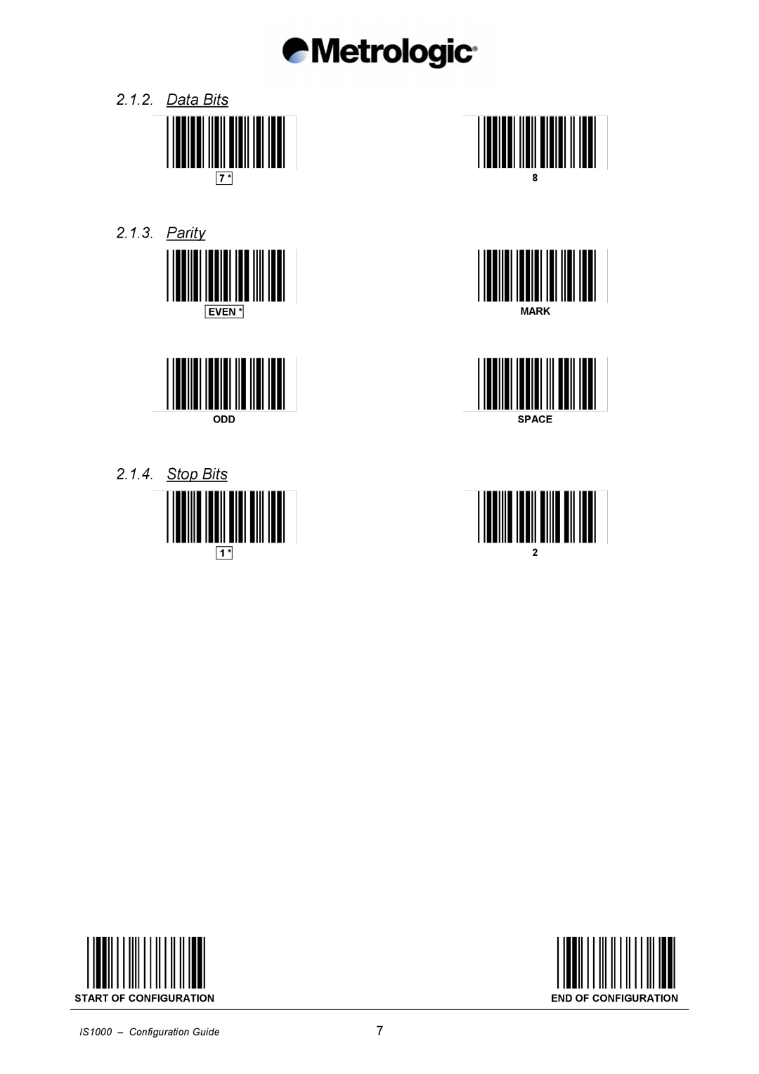 Metrologic Instruments IS1000 manual Data Bits Parity, Stop Bits 