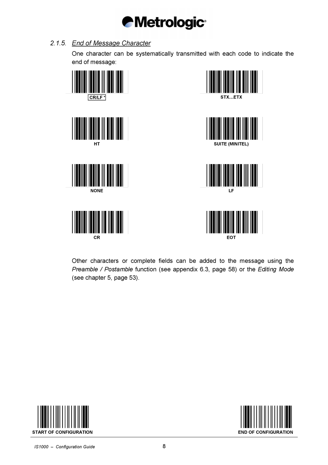 Metrologic Instruments IS1000 manual End of Message Character 