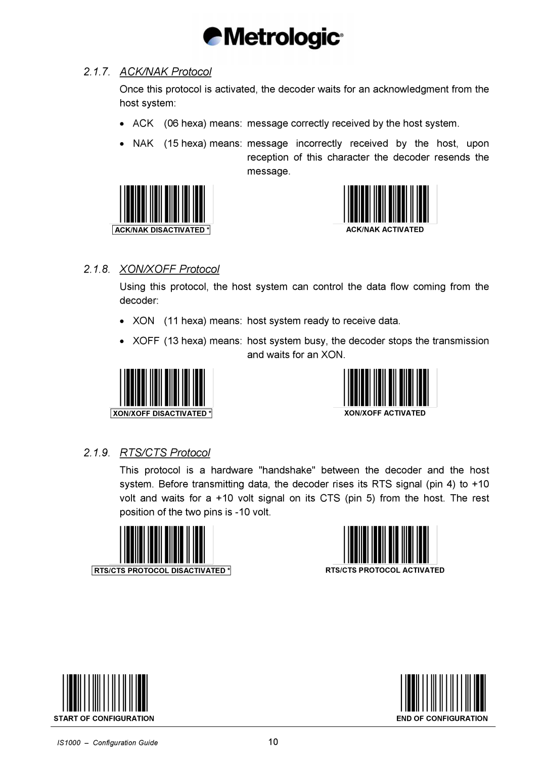 Metrologic Instruments IS1000 manual ACK/NAK Protocol, XON/XOFF Protocol, RTS/CTS Protocol 