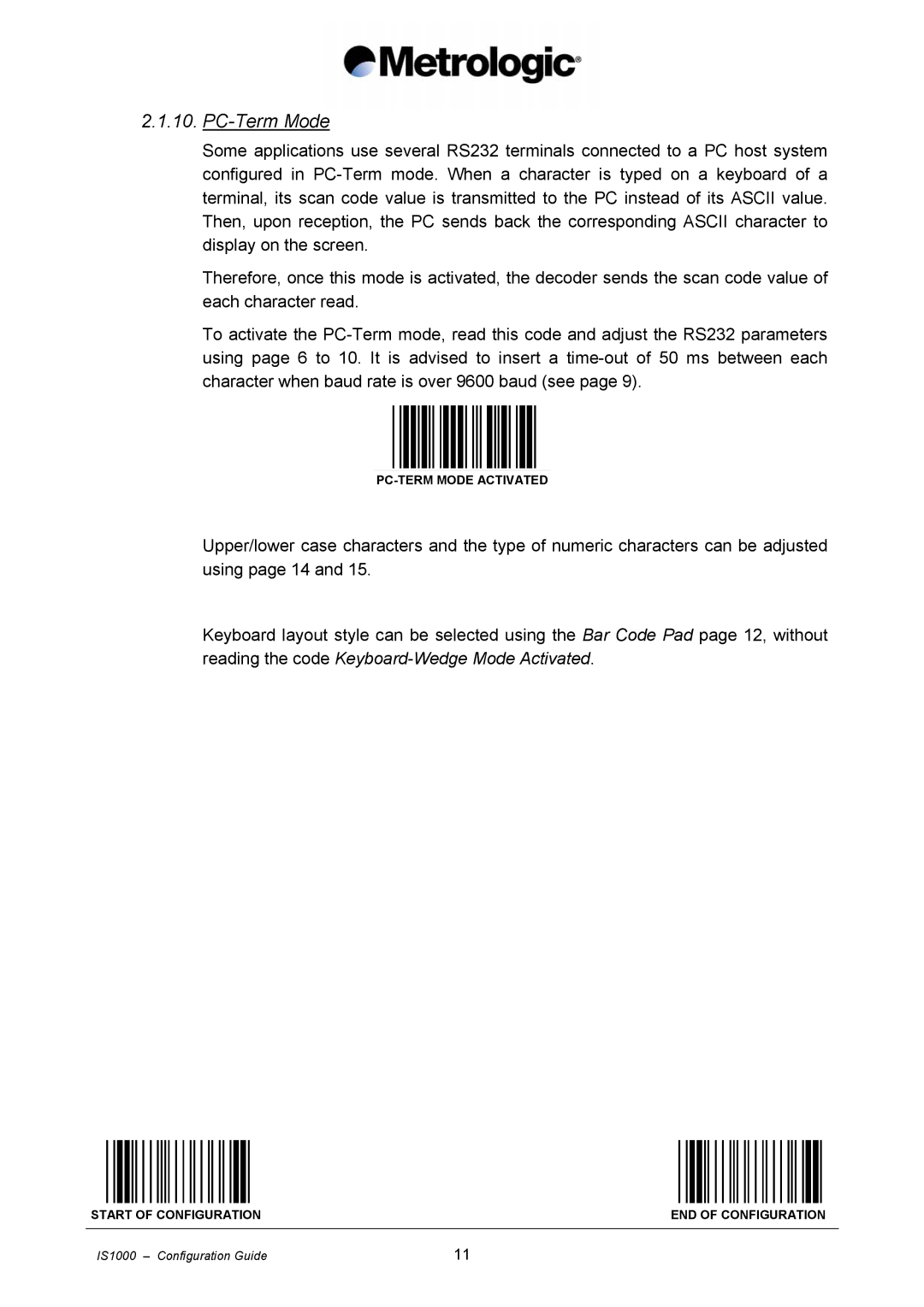 Metrologic Instruments IS1000 manual PC-Term Mode 