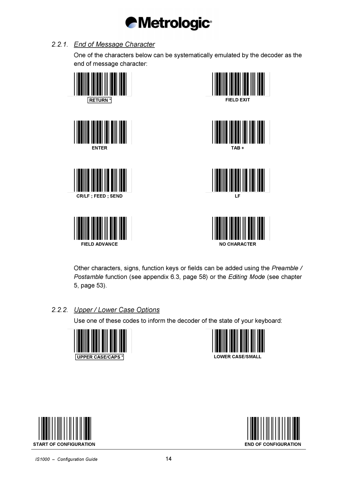 Metrologic Instruments IS1000 manual End of Message Character, Upper / Lower Case Options 